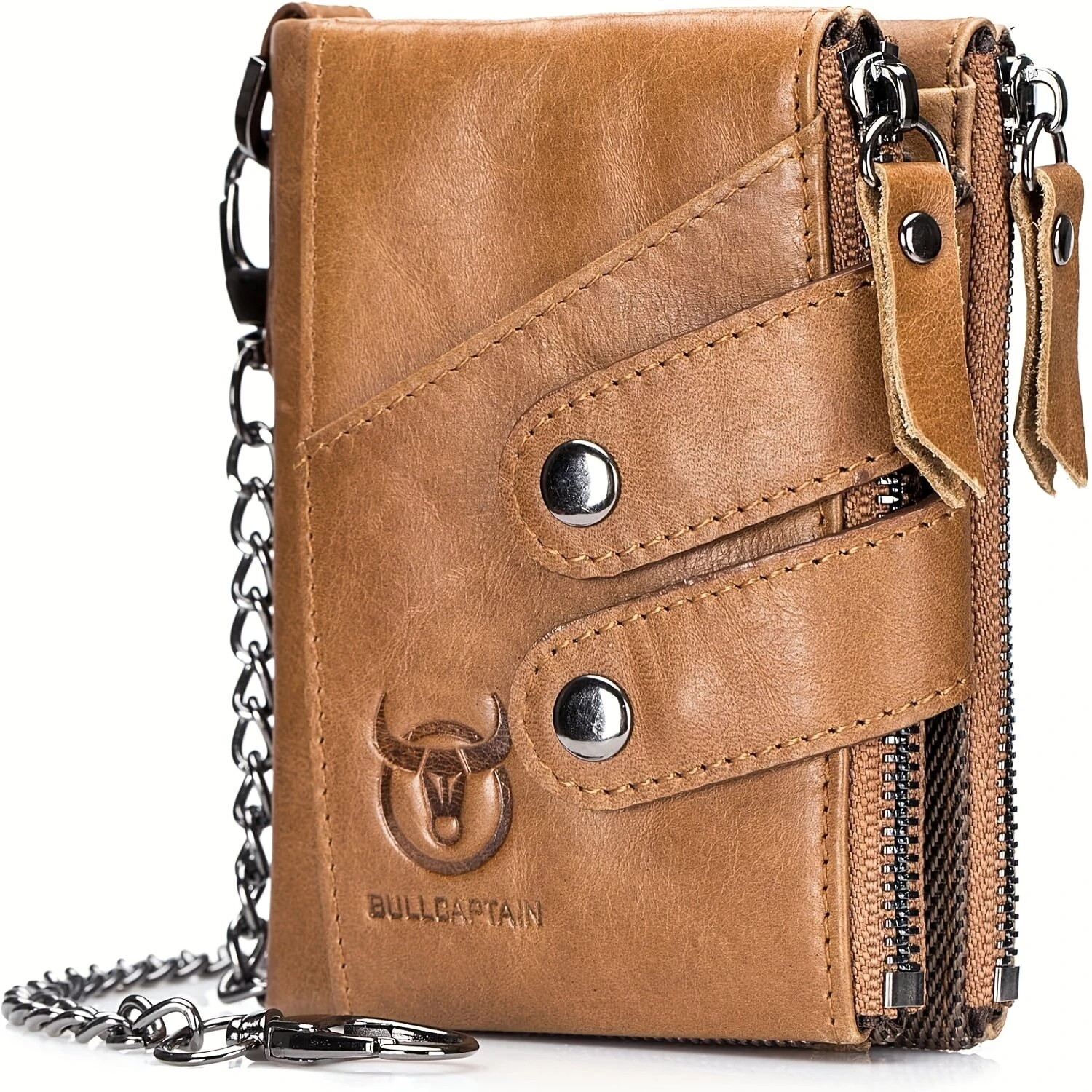 (image for) BULLCAPTAIN Genuine Leather Mens Wallet RFID Blocking Short Wallet with Chain Multifunction Card Holder Double Zipper Coin Purse Money Clip Compact Storage Bag Stylish